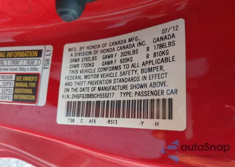 2012 Honda Civic Ex from USA, damaged, VIN 2HGFG3B89CH555217